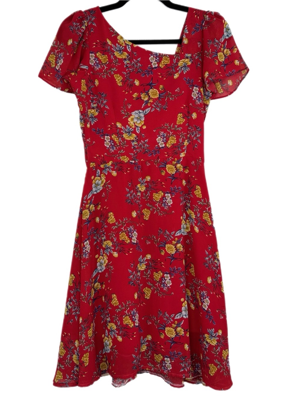 Nhung Cao Boutique red floral square-neck fit-and-flare dress with cap sleeves